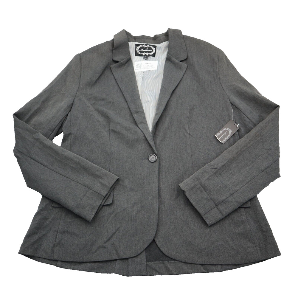 Ambiance Jacket Womens 2X Gray Wool Blend One Button Pockets Collared Blazer